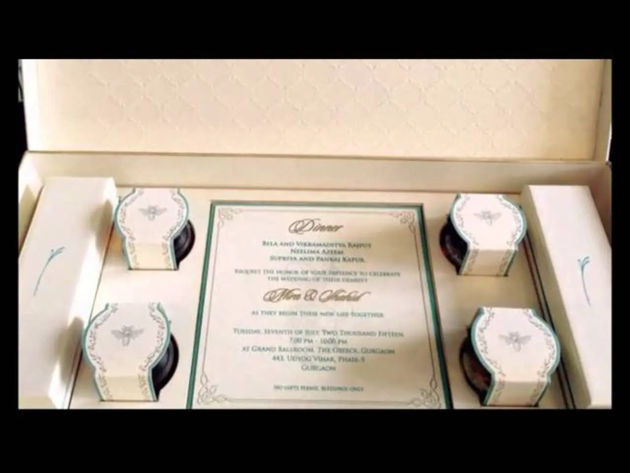 Shahid Kapoor and Mira Rajput's wedding invite came inside a box. It featured a simple design with green and gold text.